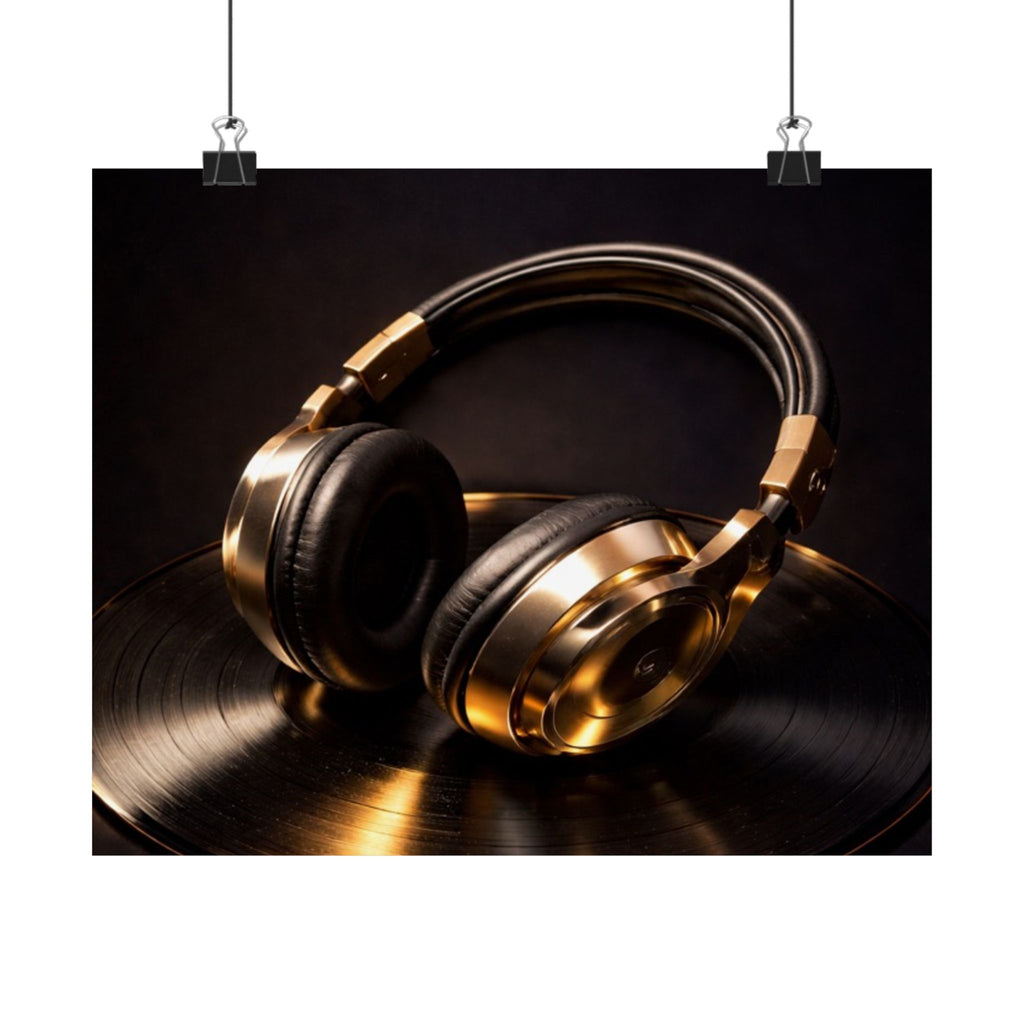 Gold Headphones Satin Poster — Vintage Vinyl DJ Room Wall Art (210gsm)