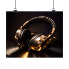 Gold Headphones Satin Poster — Vintage Vinyl DJ Room Wall Art (210gsm)