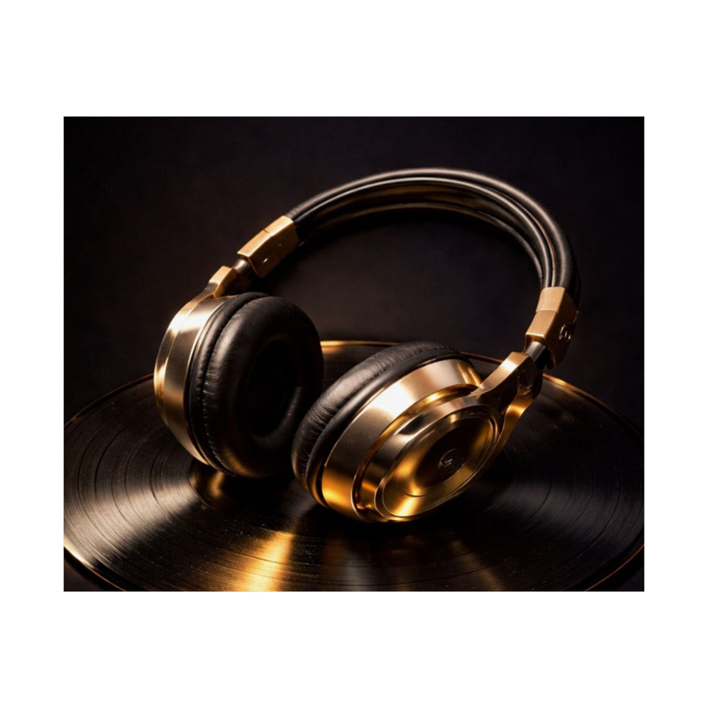 Gold Headphones Satin Poster — Vintage Vinyl DJ Room Wall Art (210gsm)