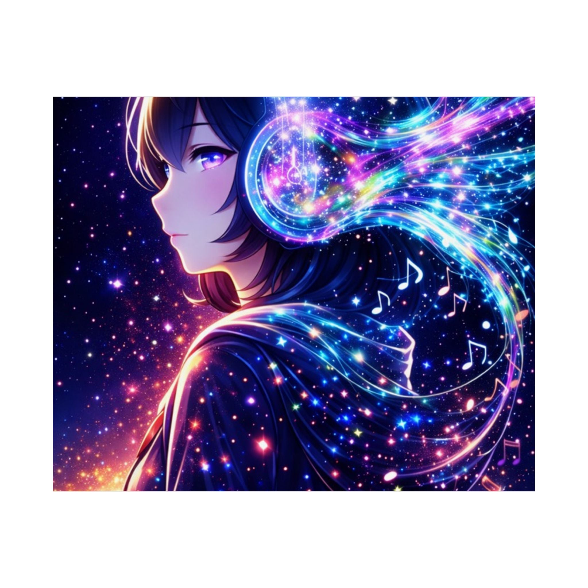 Galaxy Music Anime Satin Poster — Neon Headphones Wall Art