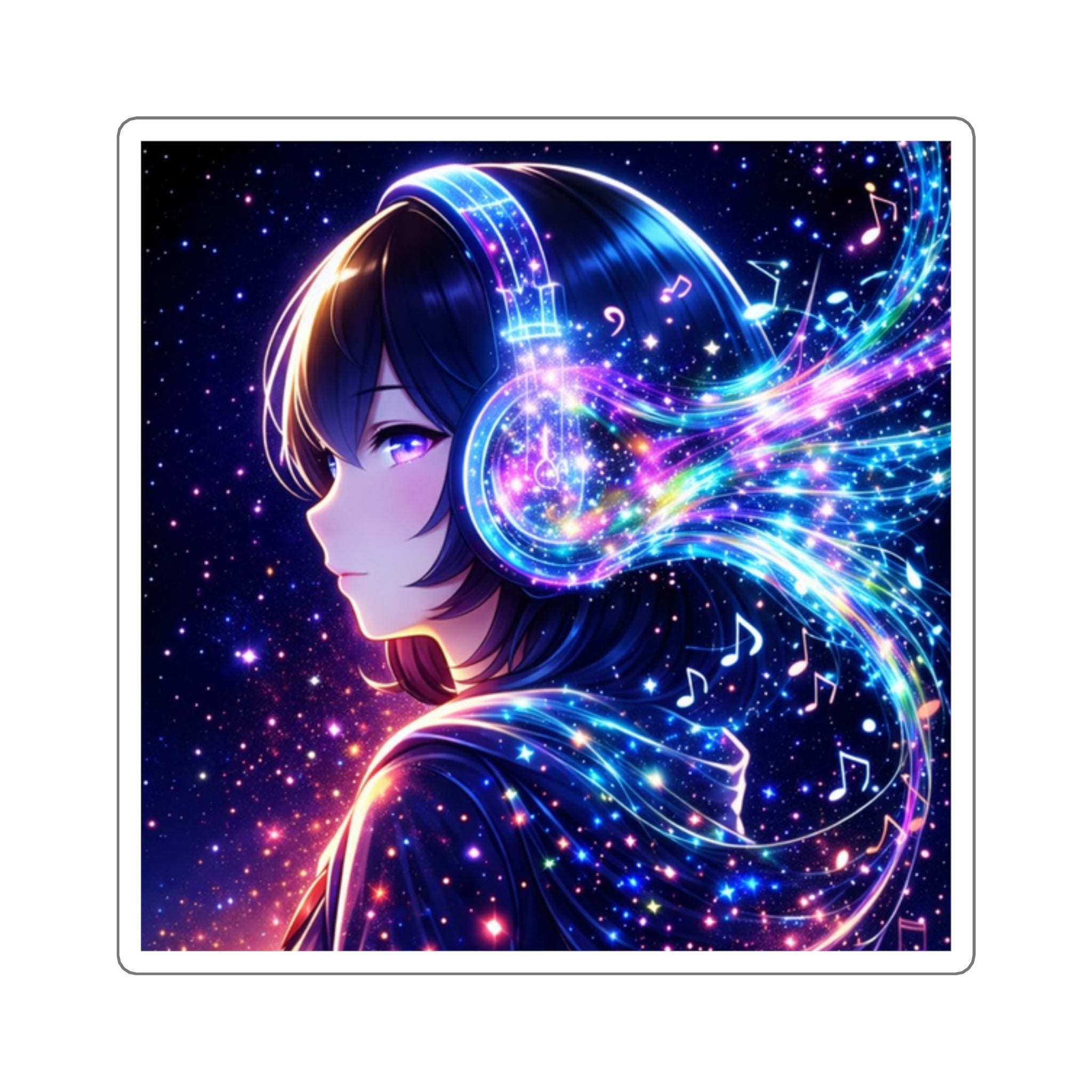 Cosmic Music Anime Square Sticker — Neon Headphones Galaxy Vinyl Decal