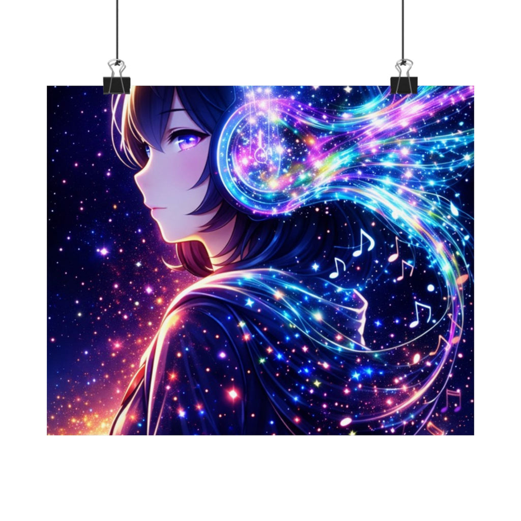 Galaxy Music Anime Satin Poster — Neon Headphones Wall Art