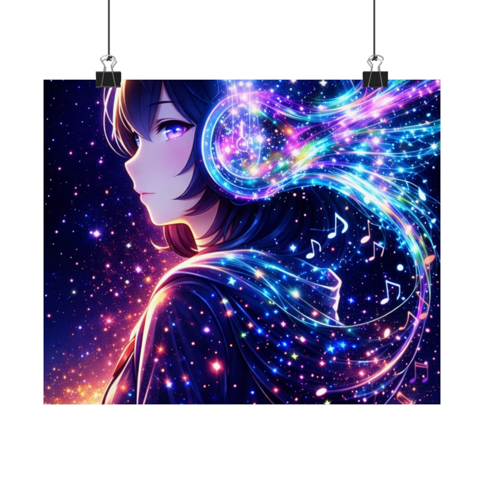 Galaxy Music Anime Satin Poster — Neon Headphones Wall Art