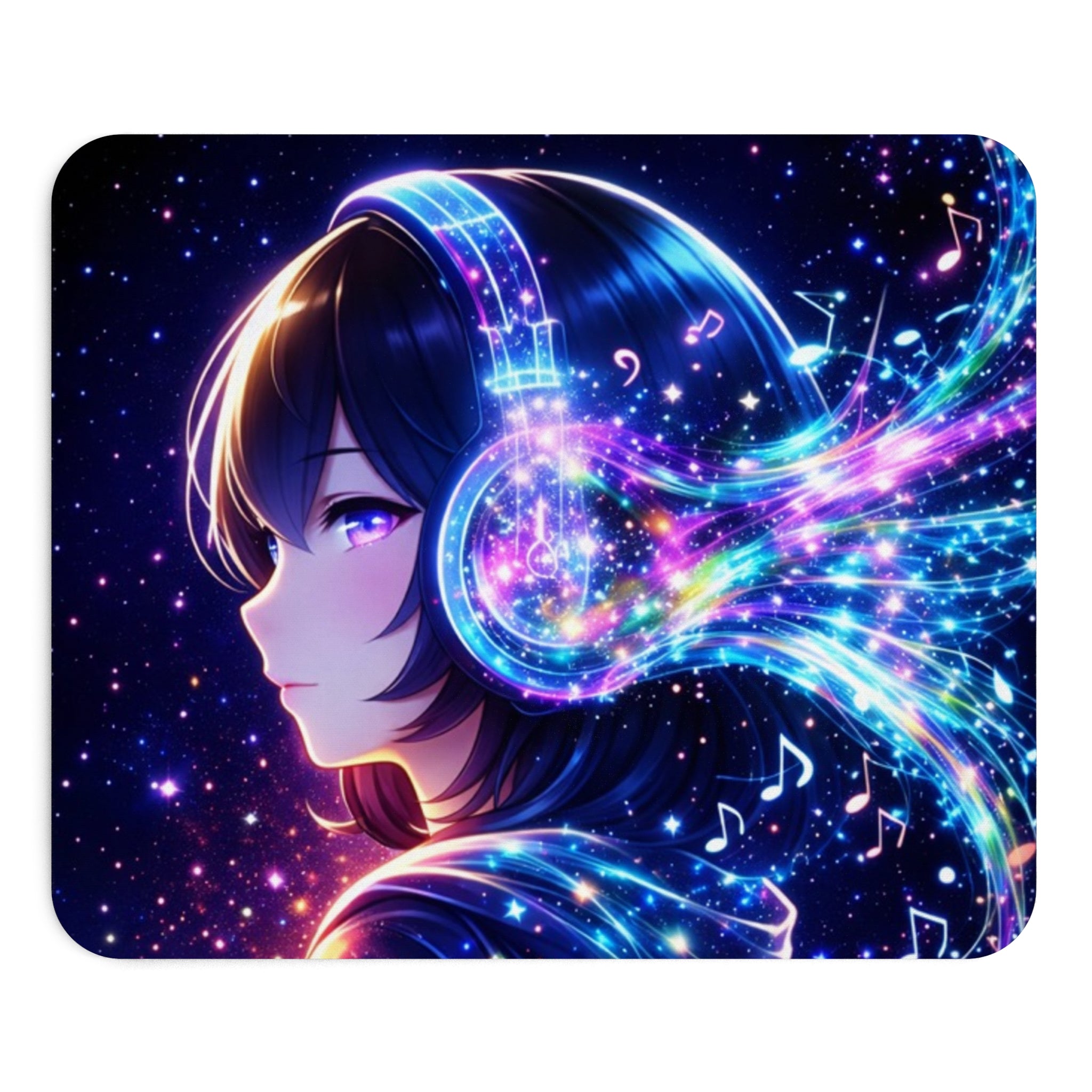 Cosmic Anime Headphones Mouse Pad - Neon Night Music Art