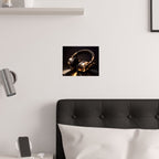 Gold Headphones Satin Poster — Vintage Vinyl DJ Room Wall Art (210gsm)