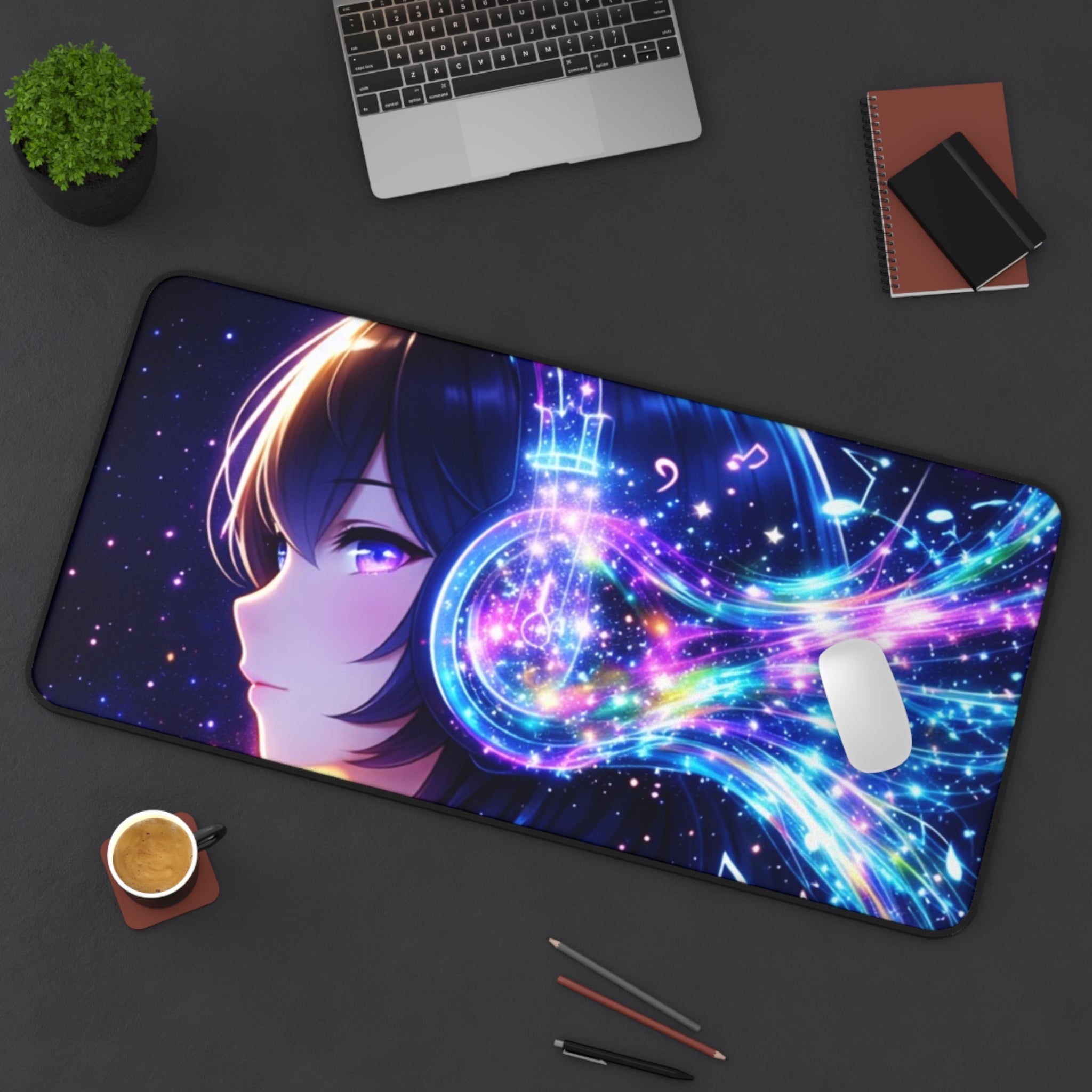 Cosmic Anime Headphones Desk Mat - Neon Music Desk Setup