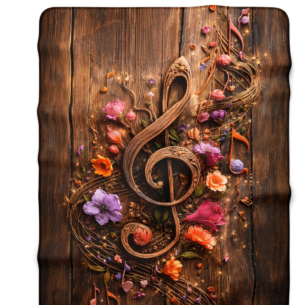 Musical Treble Clef Sherpa Blanket — Floral Wood Music Throw detail crop 1